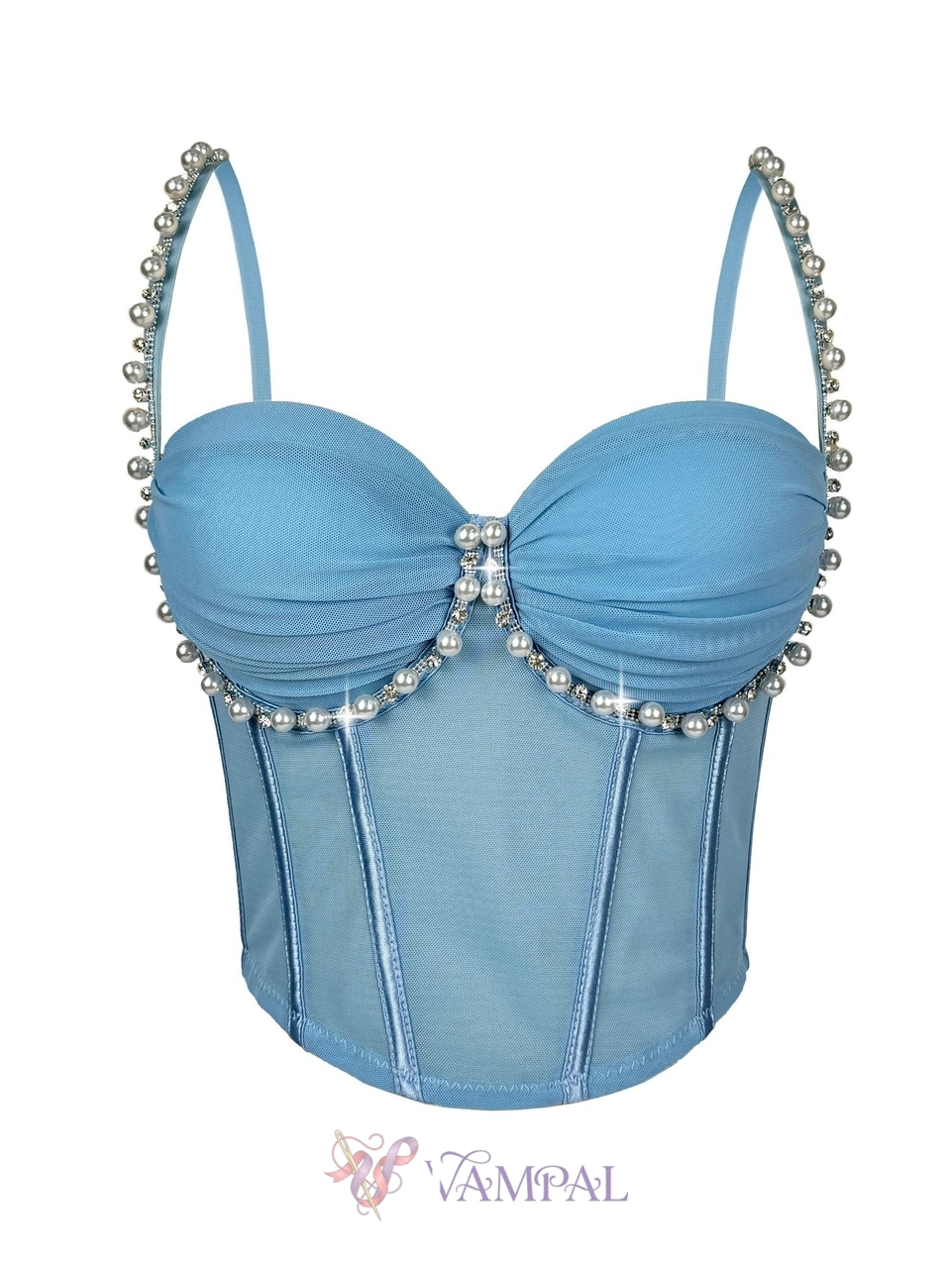 Pearl Embellished Ruched Mesh Corset Cami Top