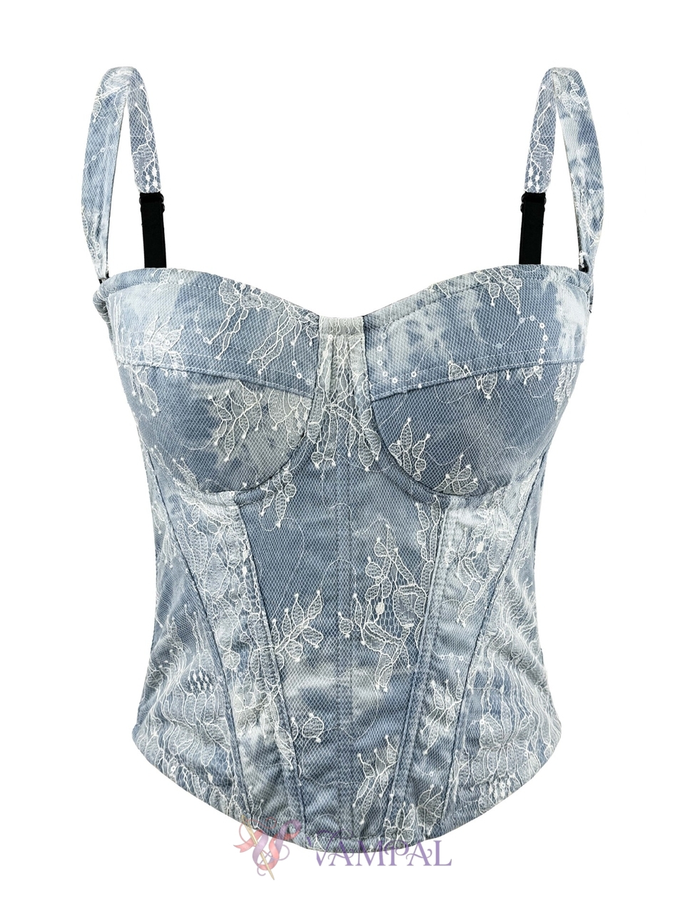 Vintage Denim Halter Strapless Embroidered Lace Corset Top