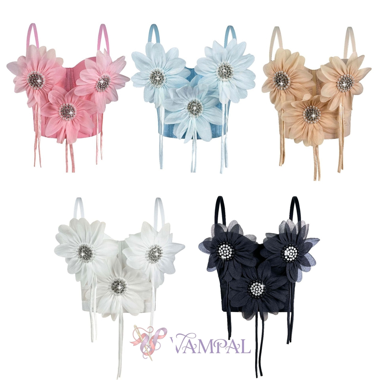 Handmade 3D Rhinestone Flower Tassel Corset Vest