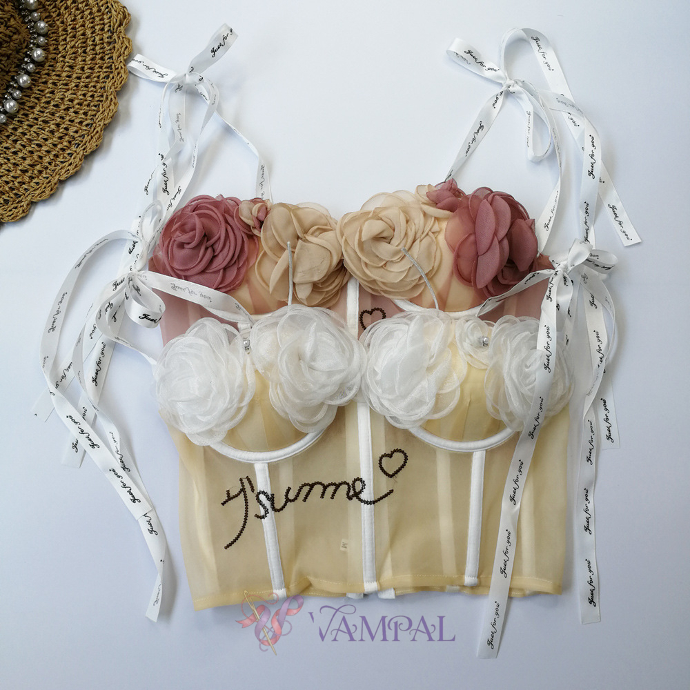 Sheer Lace-Up Floral Camisole Crop Top With Chest Pads