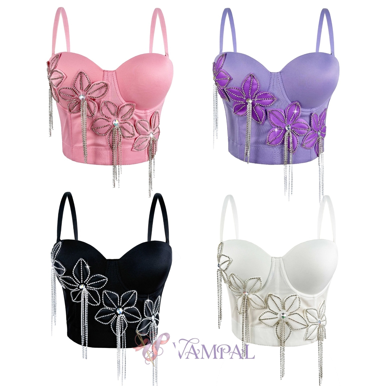 Floral Rhinestone Chain Tassel Corset Slim-Fit Camisole Top