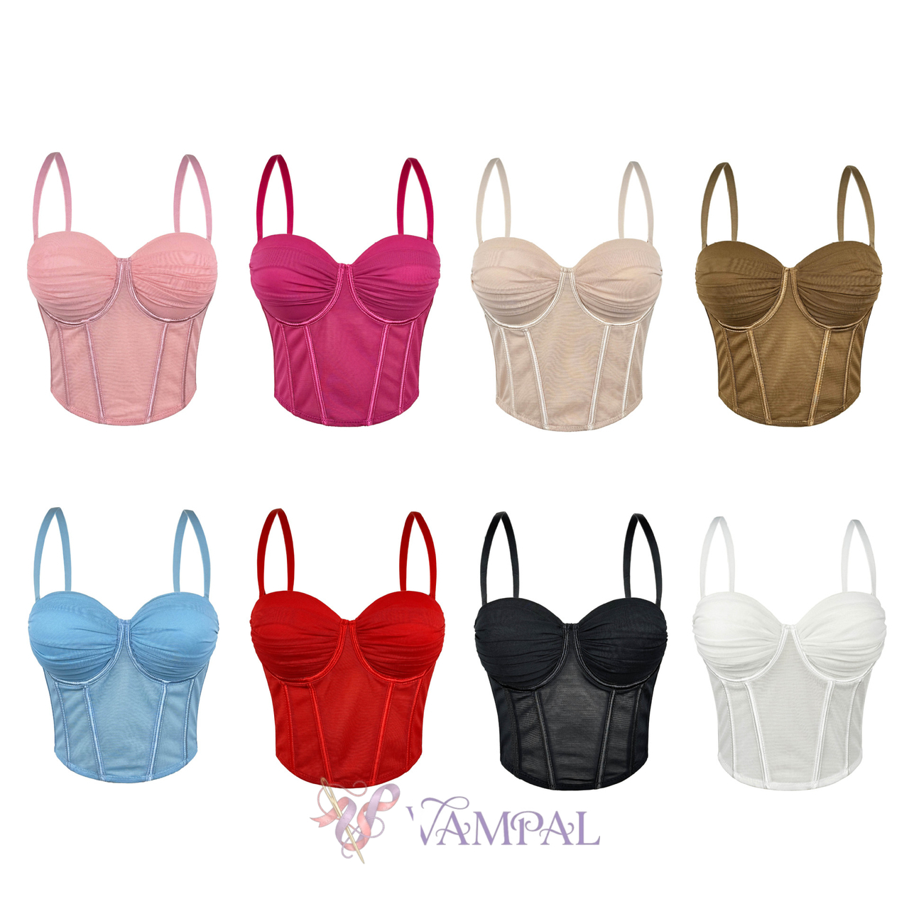 Mesh Ruched Corset-Style Bustier Cropped Cami Top