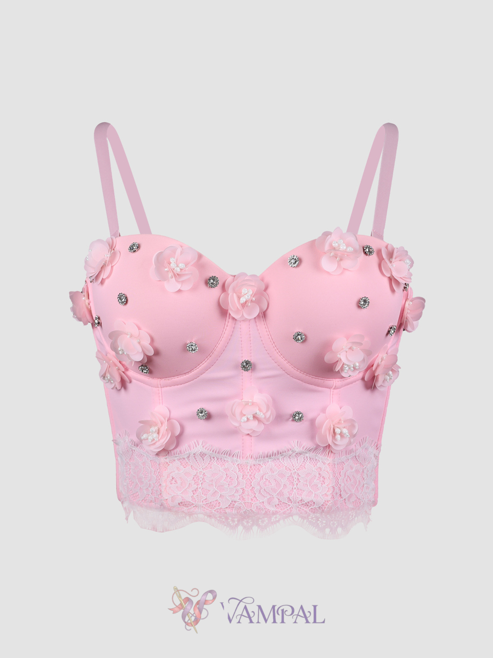Pink Floral Beaded Corset Spaghetti Strap Top With Chest Pads