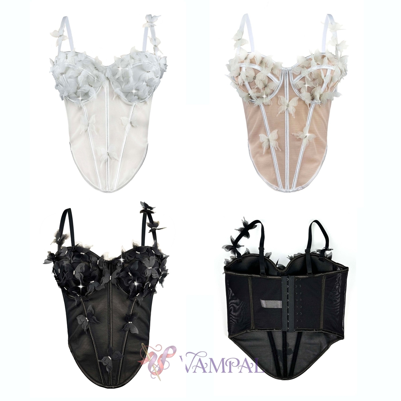 3D Butterfly Rhinestone Sheer Slim Fit Corset Top