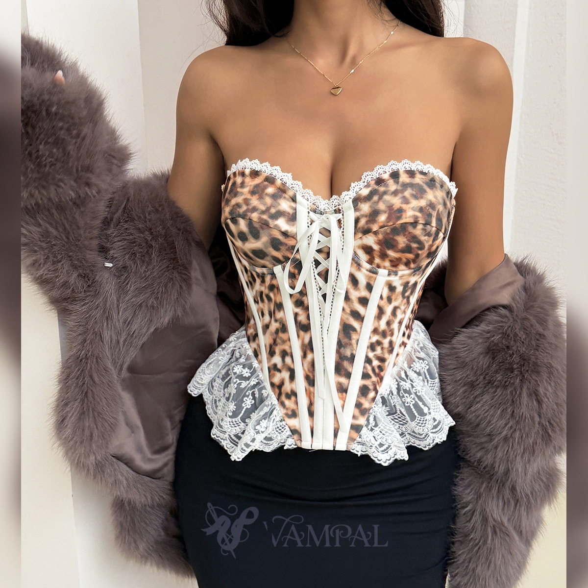 Leopard print Leopard Print Lace Trim Corset Crop Top