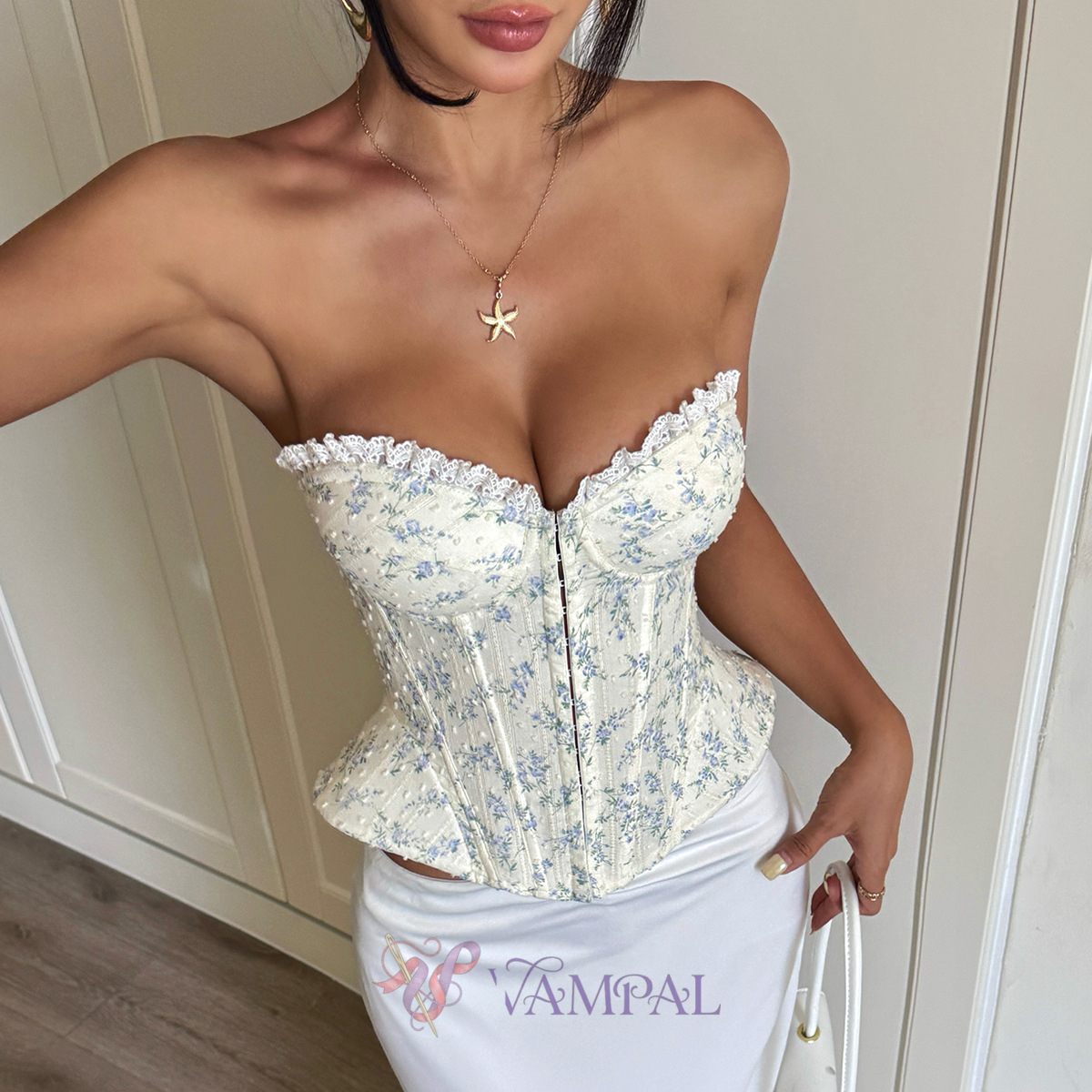 Blue Floral Floral Embroidered Lace-Up Corset Tube Top With Fishbone Buttons