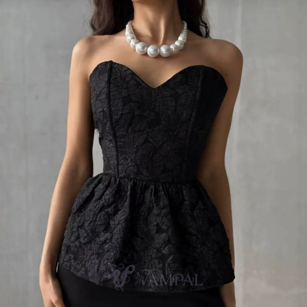 Women's Jacquard Tube Top With Sweetheart Neck And Ruffle Hem