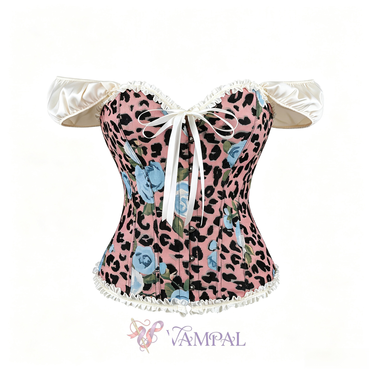 Rosa geblümt, Leopardendruck, Jacquard-Fischbein-Corset, Off-Shoulder-Puffärmel