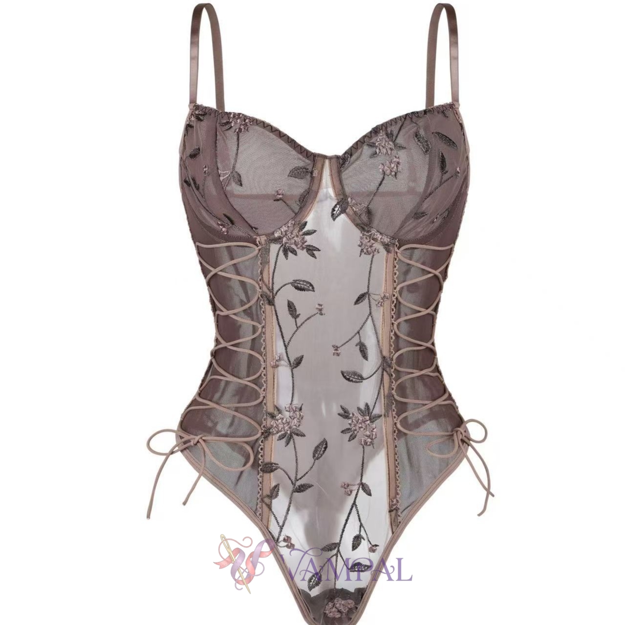 Hellbraune französische Mesh-bestickte Bügel-Push-Up-Bodysuit-Dessous
