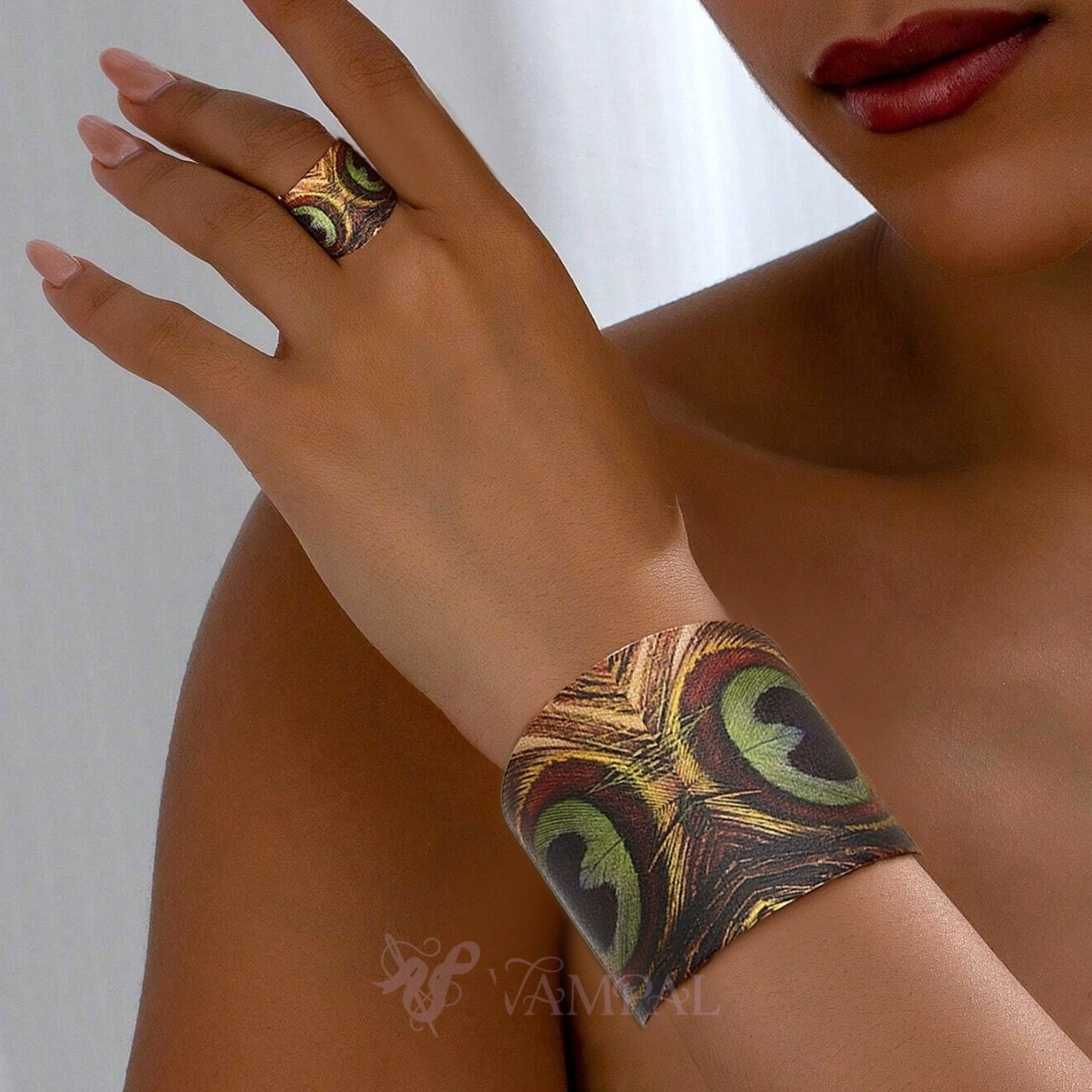 Peacock Feather Retro Ethnic Peacock Feather Bracelet And Open Ring Set