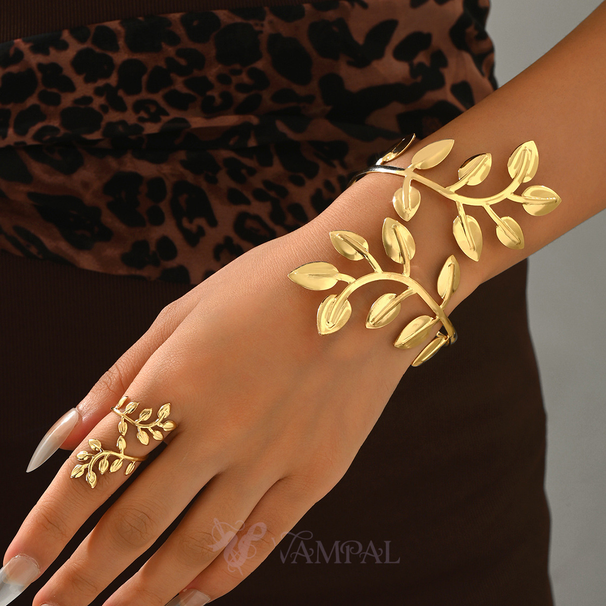 Adjustable Leaf Bracelet Ring Set Open Bangle Body Chain