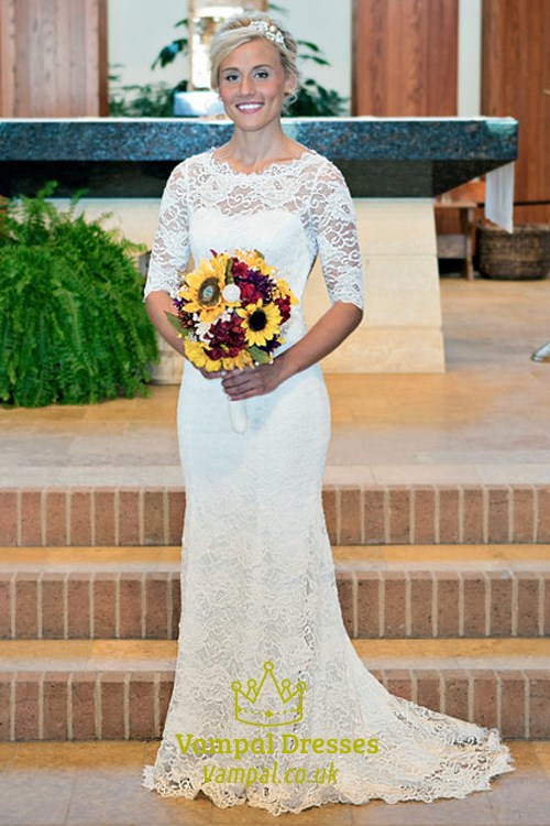 Weißes Sheath-Mermaid-Hochzeitskleid mit Spitze, halben Ärmeln und Schleppe