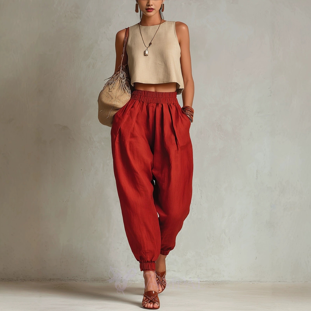 Cotton Linen Harem Pants For Women Elastic Waist Tapered Ankle