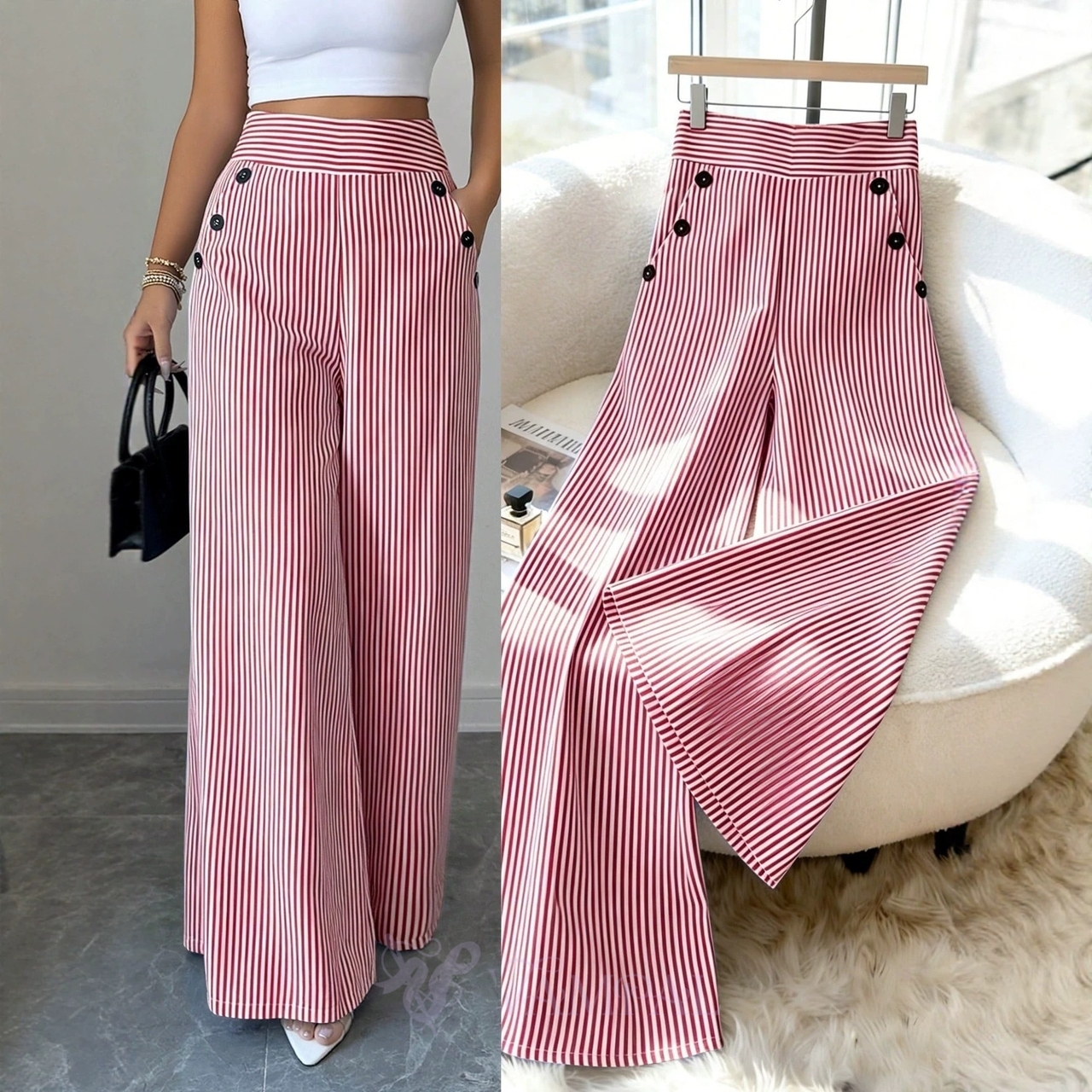 High-Waisted Striped Wide-Leg Button-Detail Casual Trousers