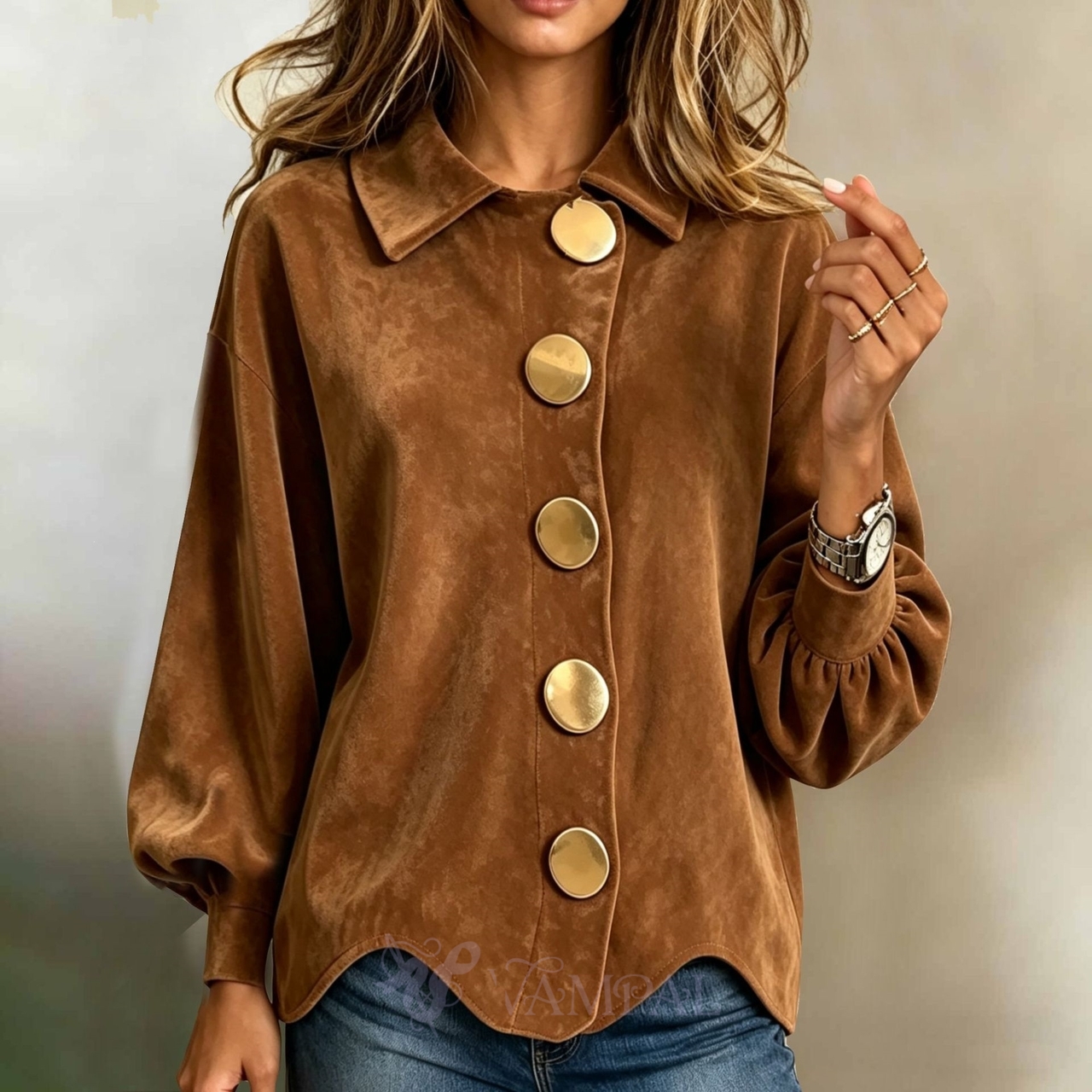 Casual Suede Jacket With Gold Buckle And Wavy Hem