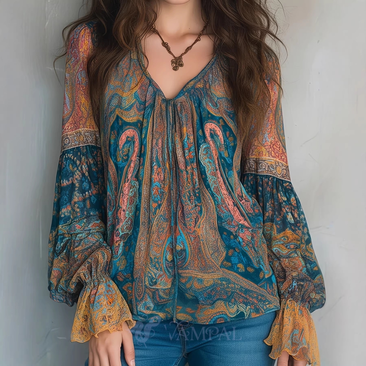 Mixed Color Bohemian Teal Amber Paisley Chiffon Blouse With Ruffle Sleeves