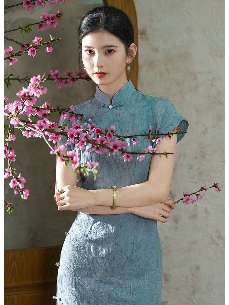 Vintage literarisches blaues Qipao Jacquard Baumwollkleid