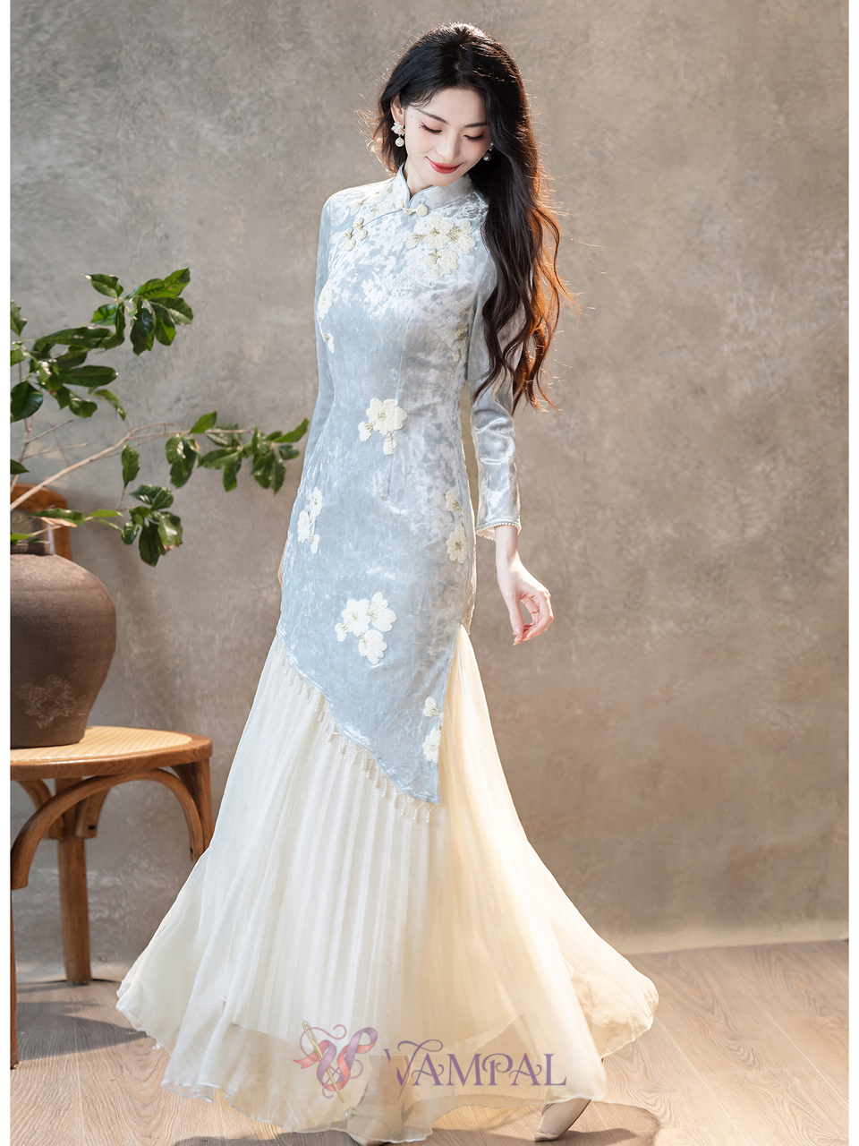 Chinesischer Stil langärmeliges Qipao Kleid Vintage Herbst Winter