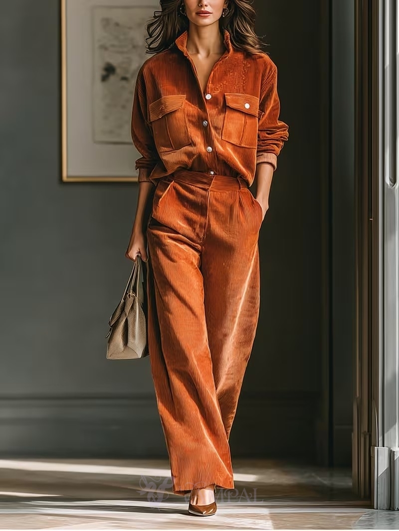 Caramel Retro Corduroy Shirt And Wide-Leg Pants Set In Caramel