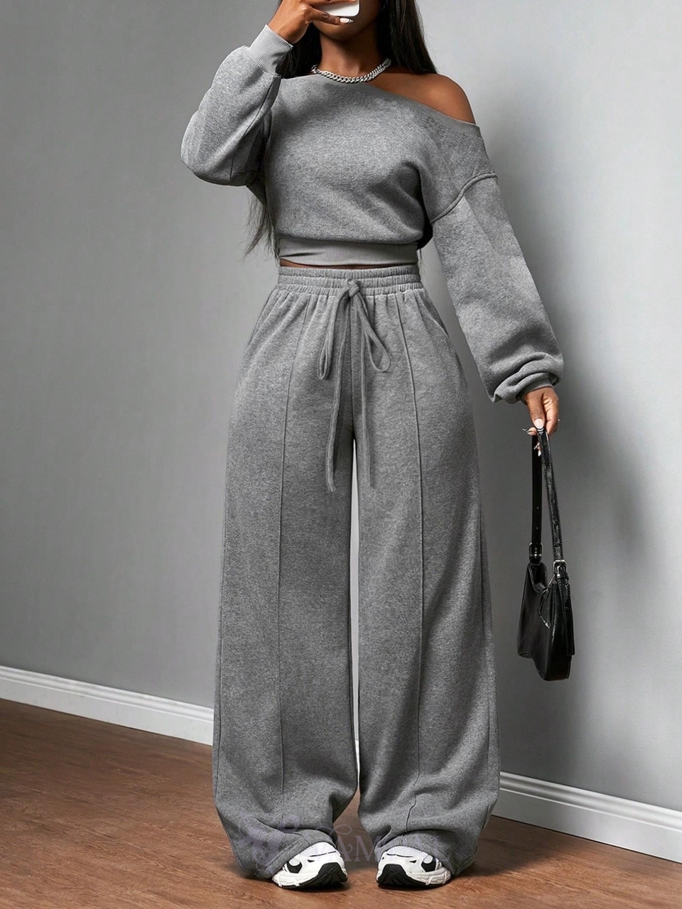 Gray One-Shoulder Off-Shoulder Knit Two-Piece Set For Women
