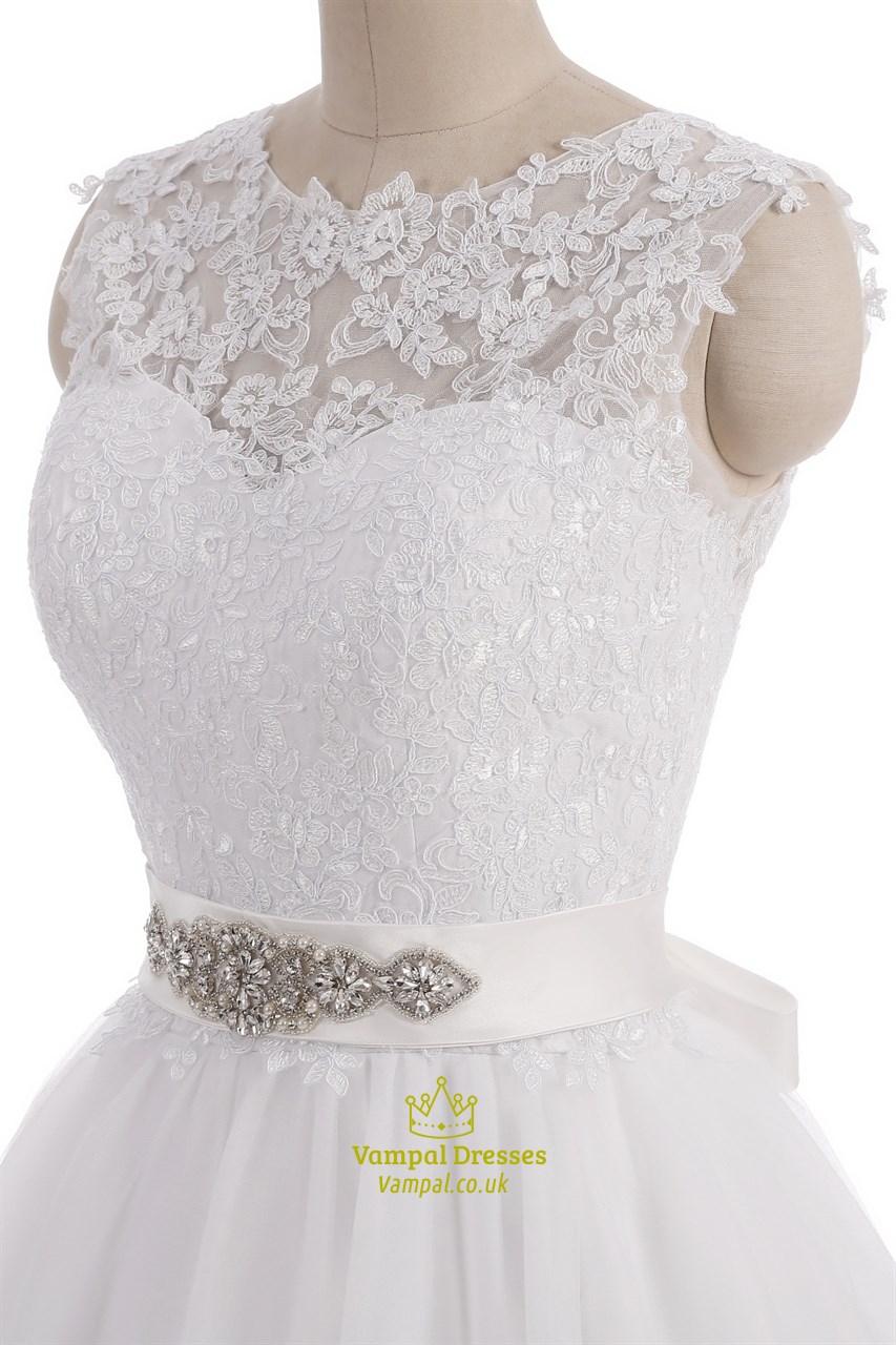 White V Back A Line Lace Bodice Beaded Waist Wedding Dress With Train ...