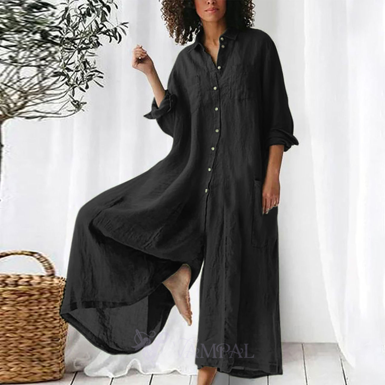 Solid Color Cotton Linen Long Sleeve Mid-Length Shirt Jumpsuit For Women