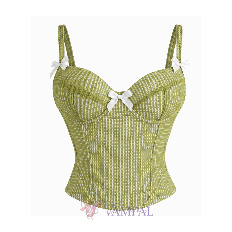 Green Green Striped Fishbone Corset Open-Back Camisole Top