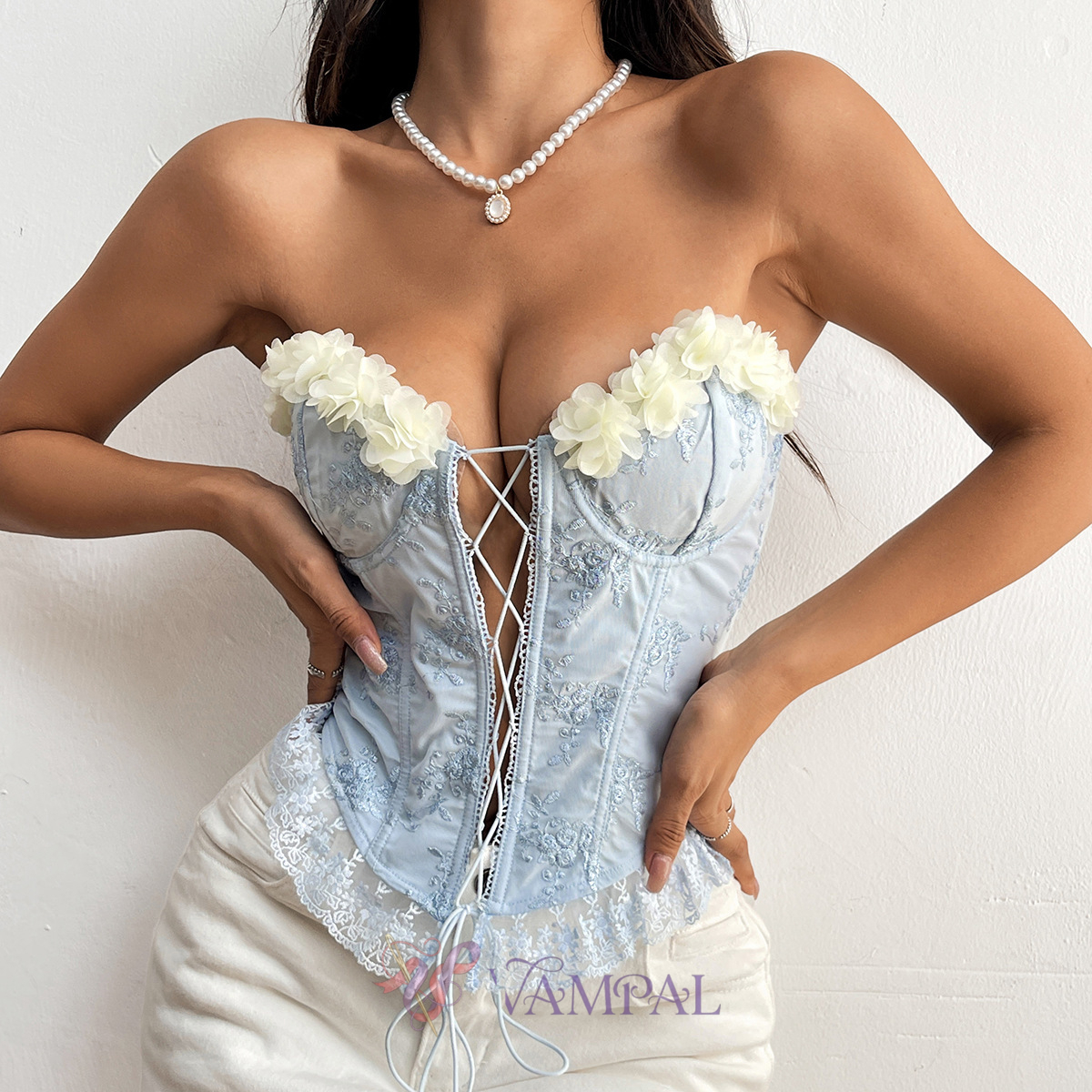 Embroidered Patchwork Lace-Up Corset Tank Top