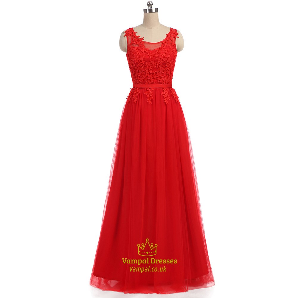 Rotes ärmelloses bodenlanges Tüll Abendkleid mit offenem Rücken und Spitzenoberteil