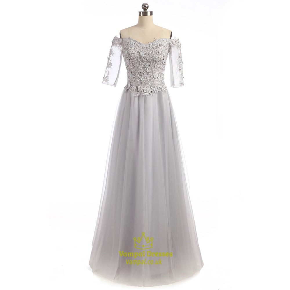 Schulterfreies Abendkleid mit Illusionsärmeln und Spitzenoberteil
