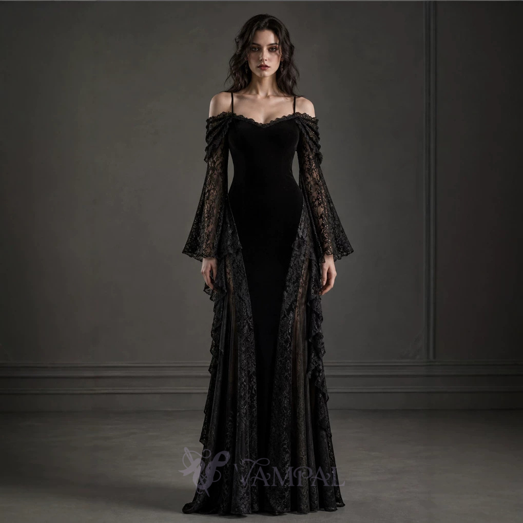 [US/EU-Größen] OM164-Schwarz Gothic Dark Velvet Spitzenkleid Hexen-Cosplay-Kostüm