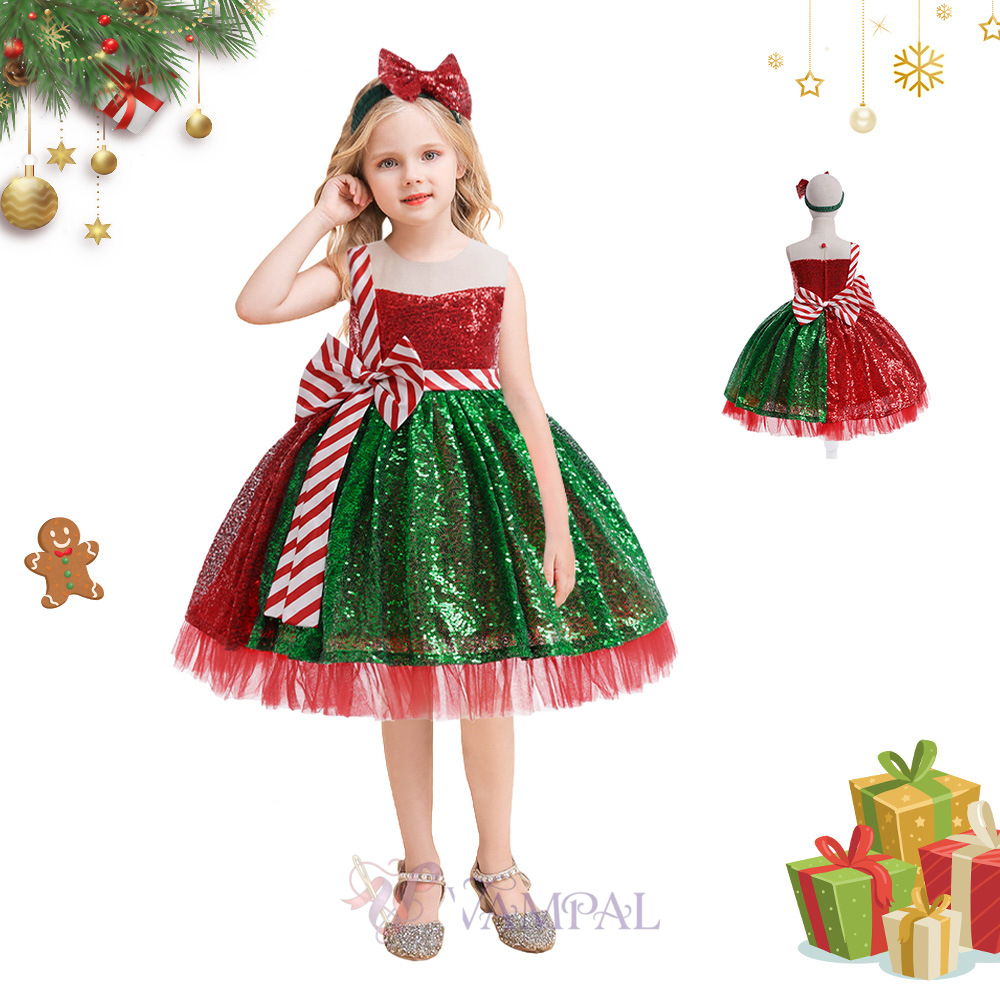 SD083-Red Green Girls Sequin Christmas Princess Dress With Bow