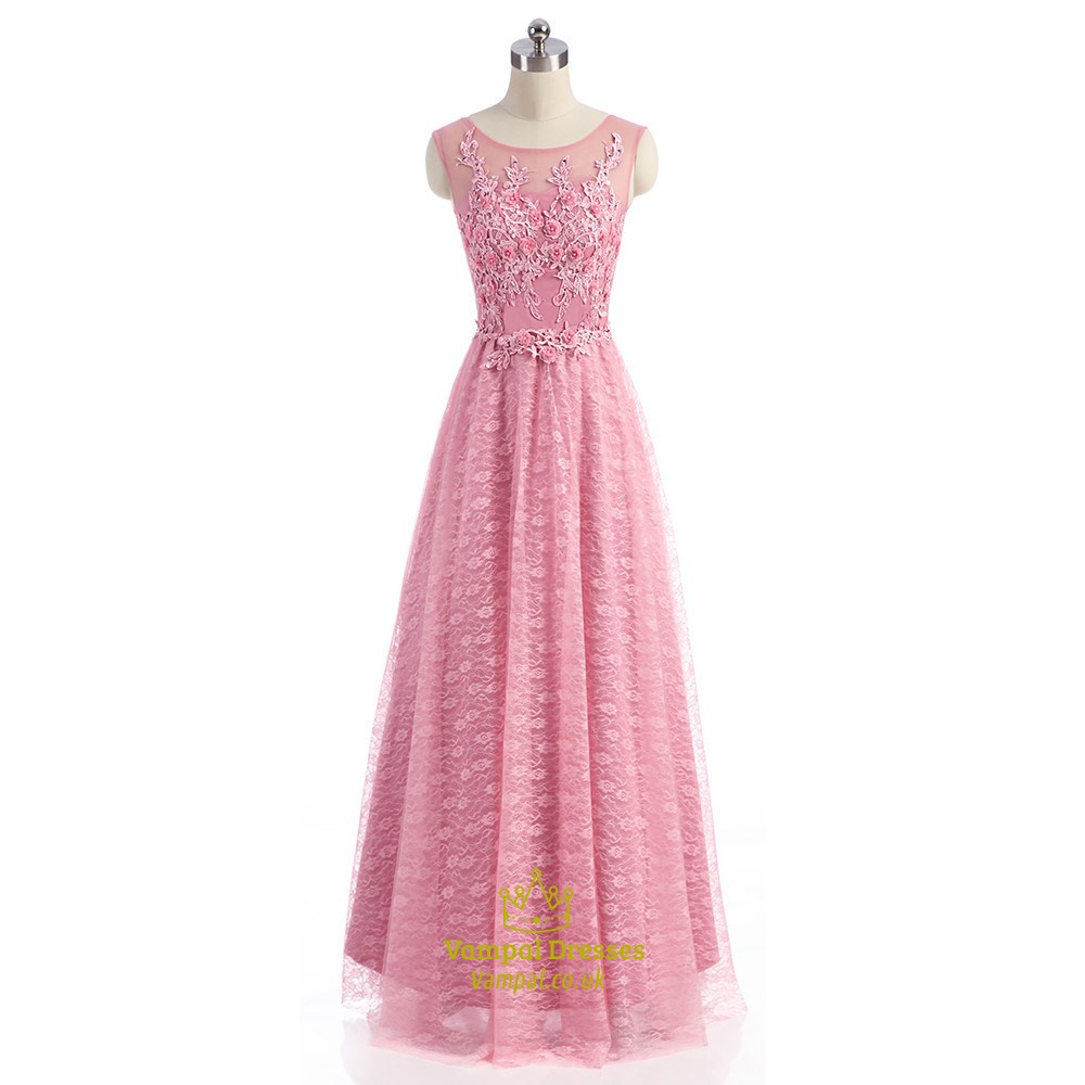 Rosa Spitze Cap Ärmel Illusion Abschlussballkleid Mit Blumenapplikation