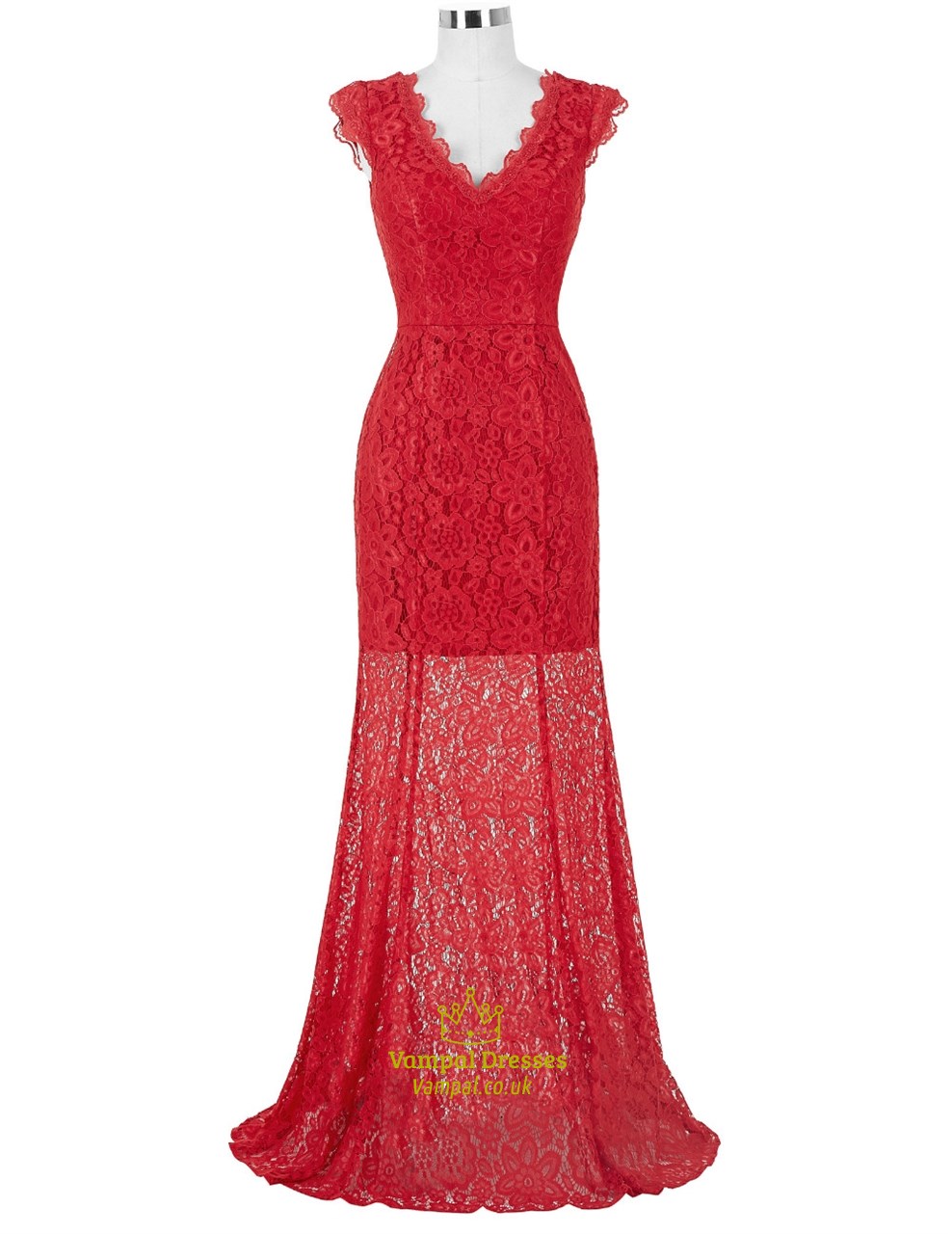 Rotes Spitze Cap Ärmel V-Ausschnitt Bodenlanges Abschlussballkleid Mit Schleppe