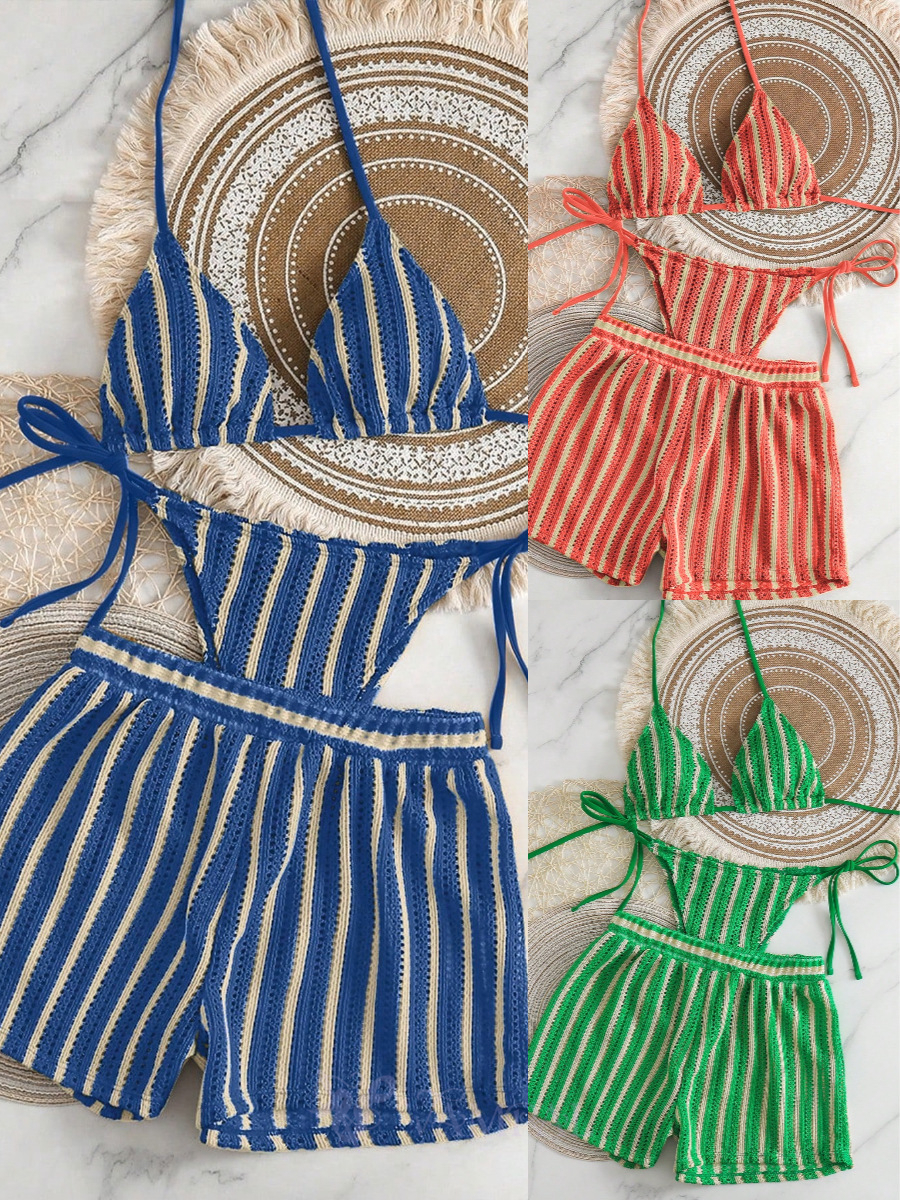Knitted Mesh Striped Boyshort Swimsuit Three-Piece Bikini Set