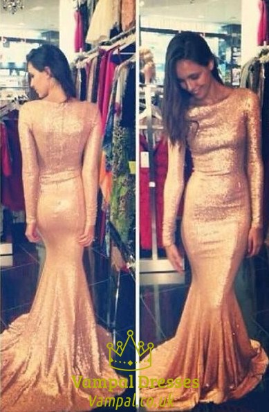Glitzer Pailletten Langarm Sheath Meerjungfrau Abschlussballkleid Mit Schleppe