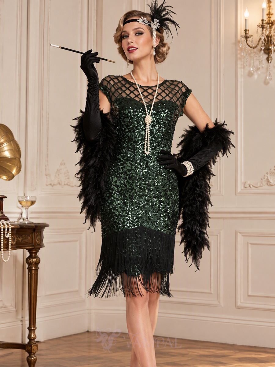 1920S Vintage Mesh Sequin Fringe Formal Cocktail Dress