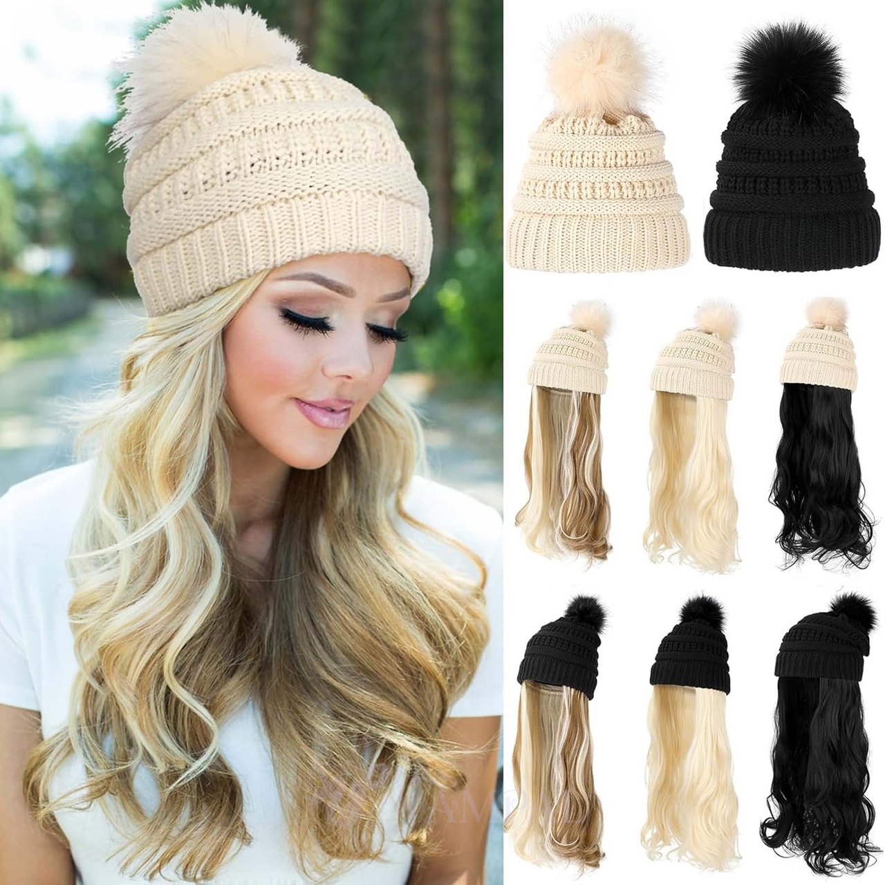 Long Curly Wavy Knit Wig Hat With Side-Swept Bangs