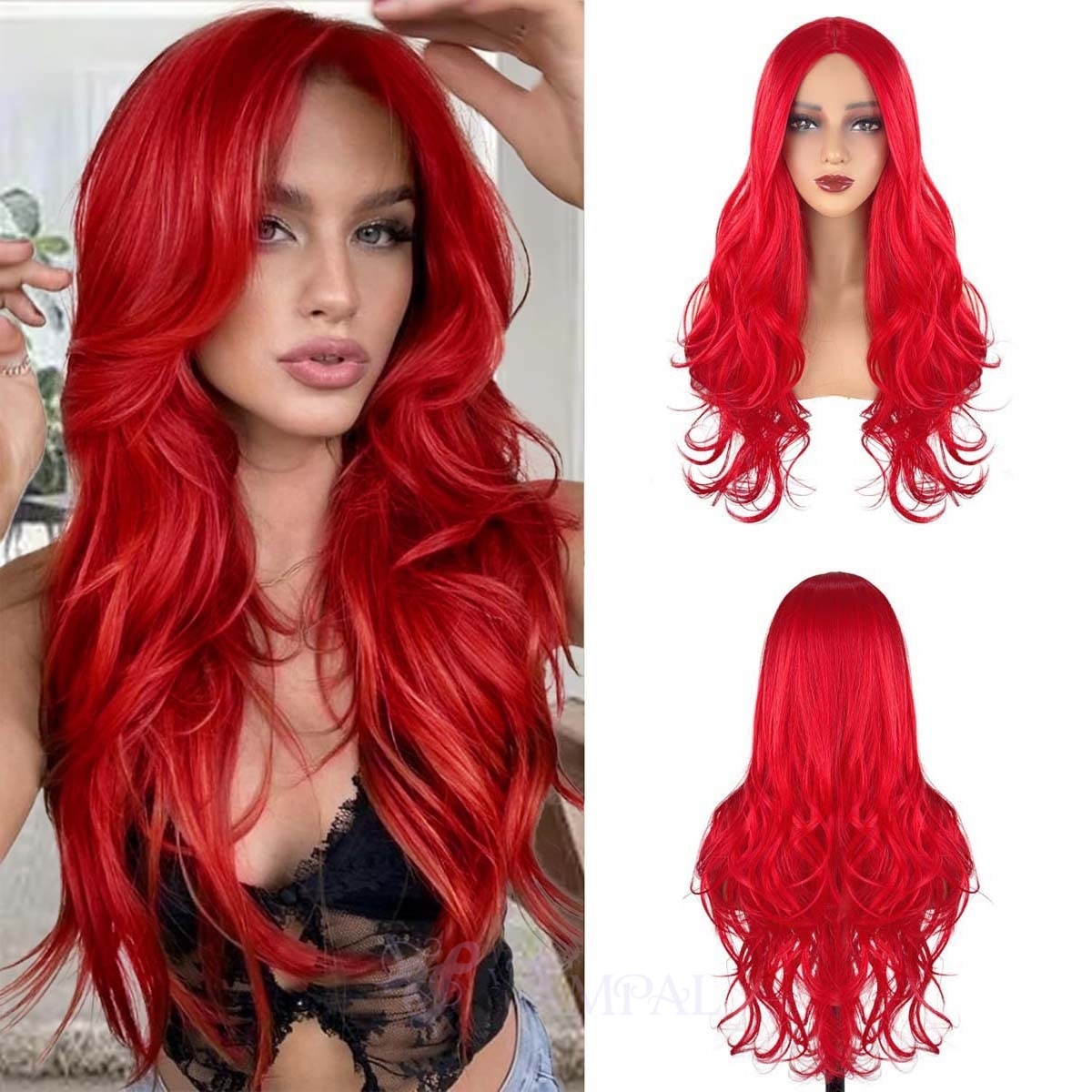 Red Long Curly Big Wavy Bright Red Synthetic Wig