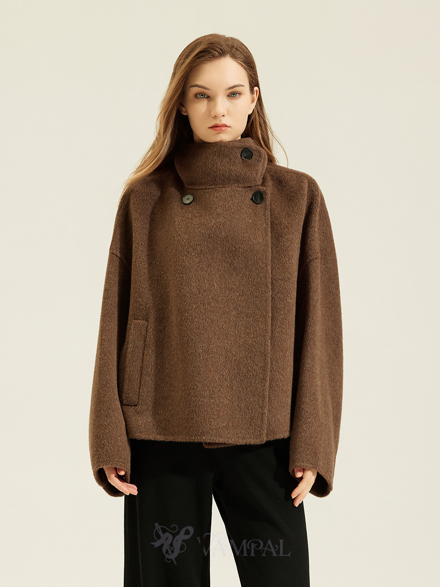Double-Faced Wool Alpaca Short Coat With Rabbit Fur Trim