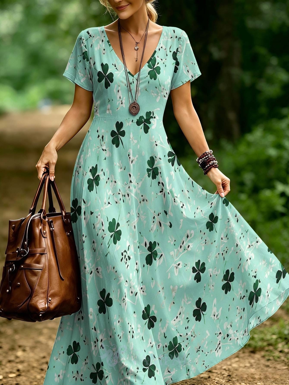 Retro-V-Ausschnitt-Kurzarm-Bedrucktes-Strandkleid