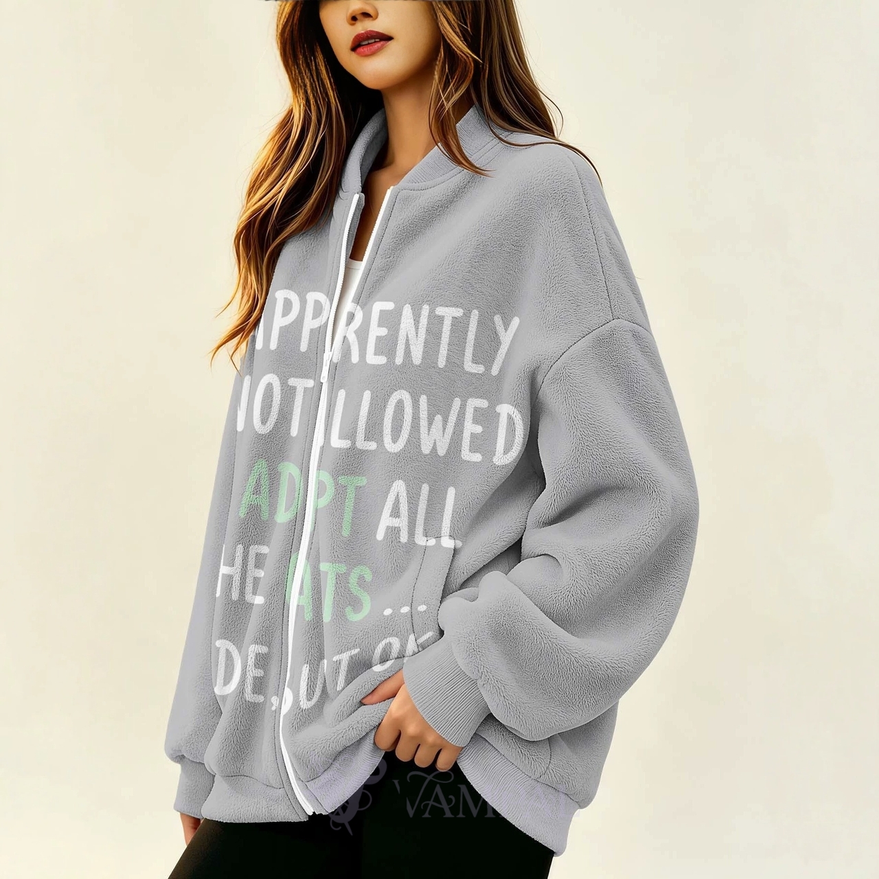 Heart Print German Velvet Zip Jacket For Women