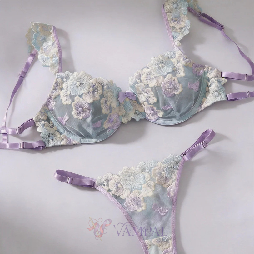 Lila Spitzenbesticktes Druck-BH-Zweiteiler-Set für Damen