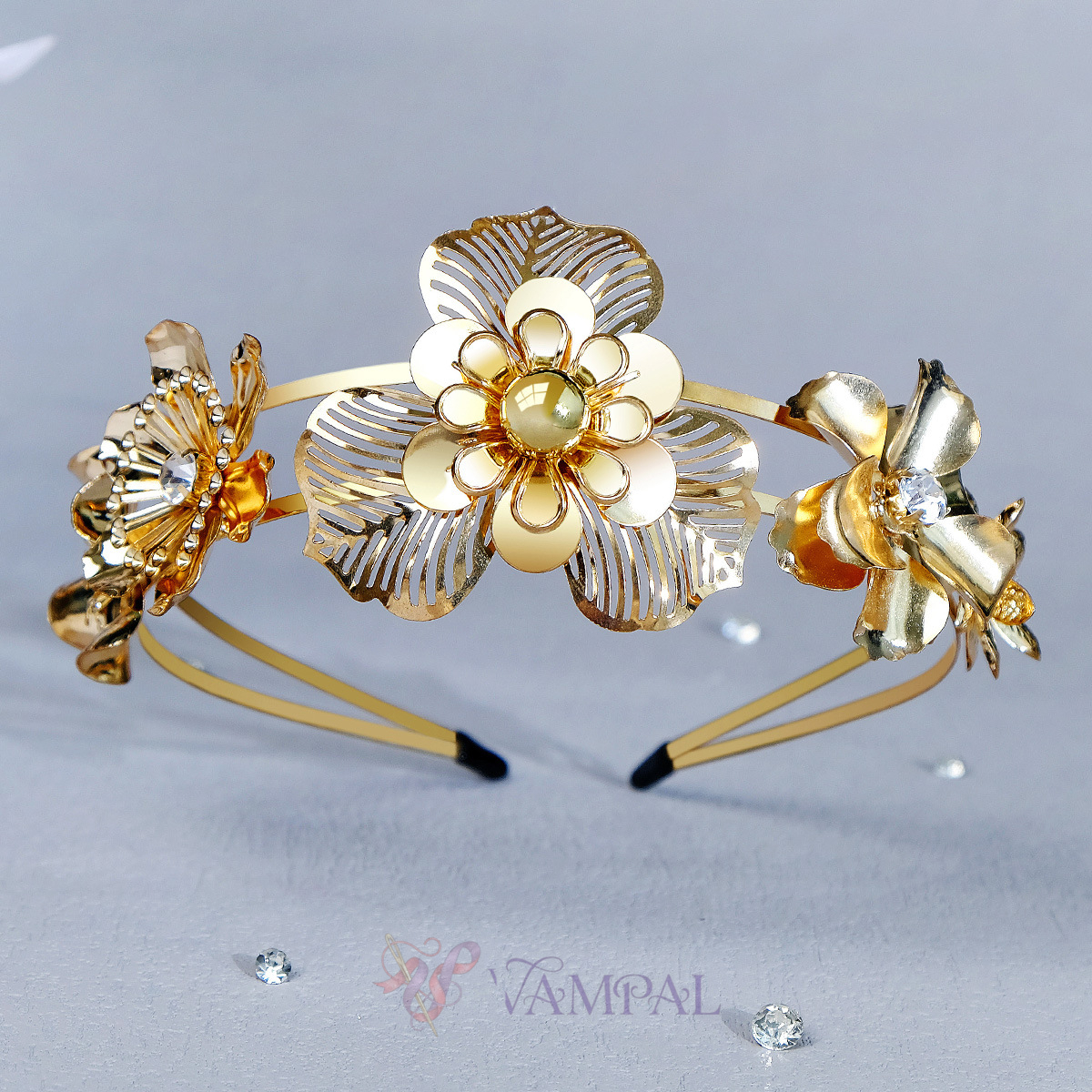 Gold TS-J3101G Double-Layer Metal Flower Bridal Headband
