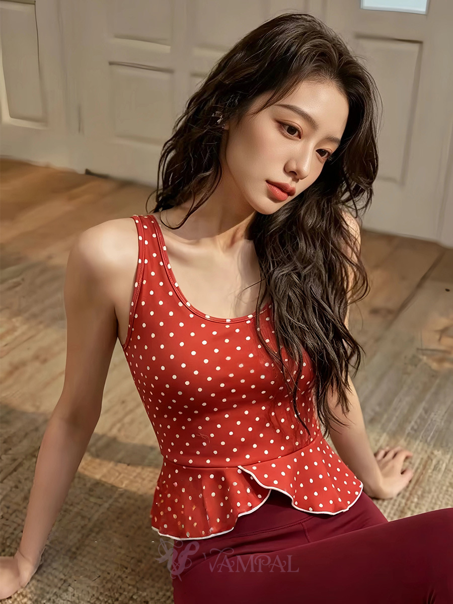 Polka Dot Ruffle Trim Yoga Top With Removable Pads
