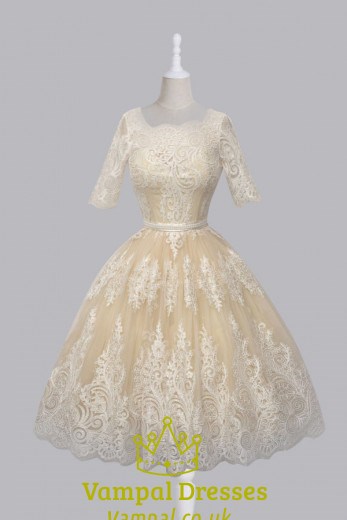 A-Linien-Knielanges Spitzen-Cocktailkleid mit halben Ärmeln