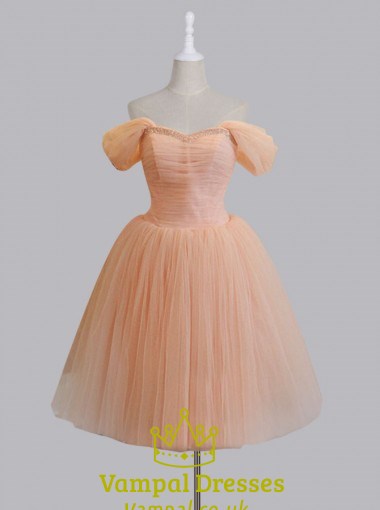 Schulterfreies A-Linien-Tüll-Homecoming-Kleid mit Perlenbesatz am Ausschnitt