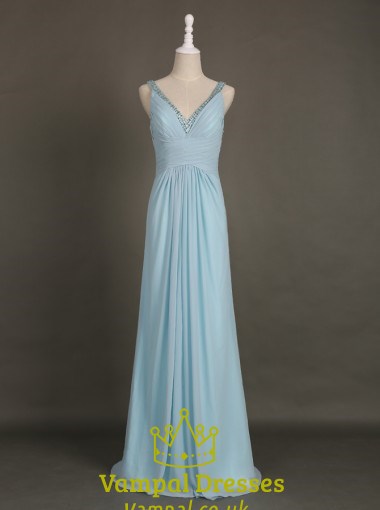 Hellblaues ärmelloses Maxikleid aus gerafftem Chiffon mit Perlenbesatz und V-Ausschnitt