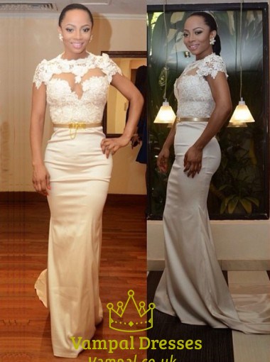 Illusion Sheath Mermaid Cap Sleeve Lace Bodice Floor Length Prom Dress