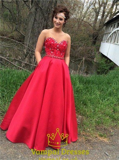 Red Strapless Sweetheart Floor-Length A-Line Ball Gown With Beading